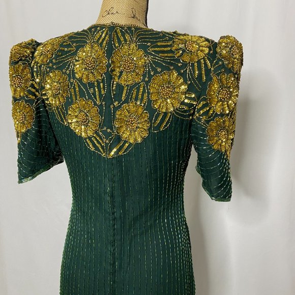 VTG Night Vogue Green Gold Embellished Maxi Dress - Picture 8 of 12